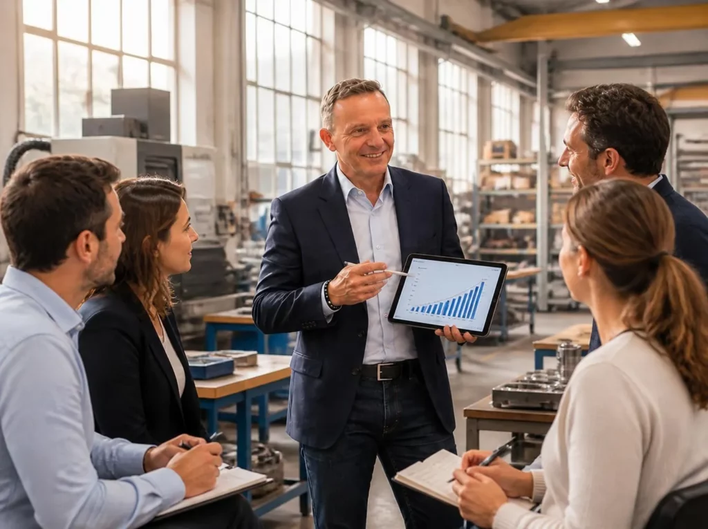 Olivier Robert, directeur commercial à temps partagé, présente la croissance des ventes à une équipe commerciale dans un atelier