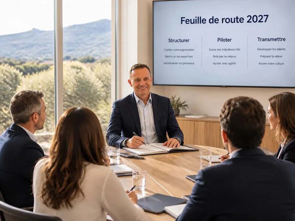 Olivier Robert, directeur général à temps partagé, anime un comité de direction de PME autour de la feuille de route